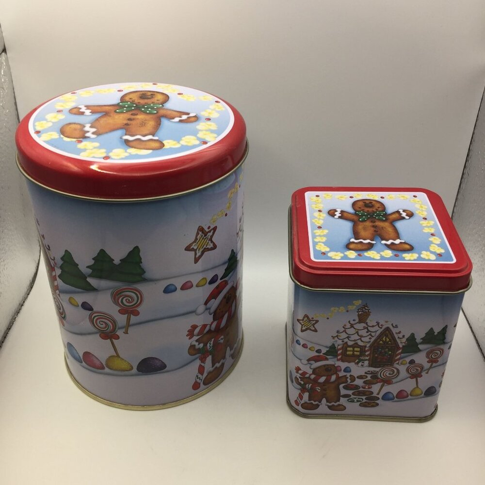 Santa's Workbench Set 2 Tins Round Square Gingerbread Man Cookies Candy Red Blue